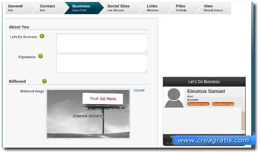Inserimento Informazioni Inserimento delle informazioni personali sul biglietto da visita