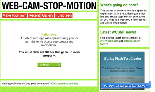 Webcam Stop Motion Interfaccia del sito per creare GIF animate con la webcam