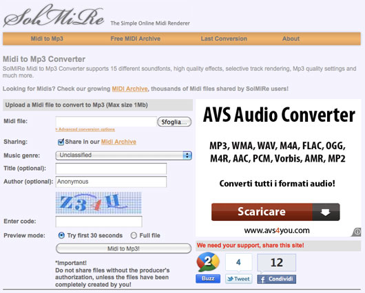 Interfaccia del convertitore di Midi in MP3