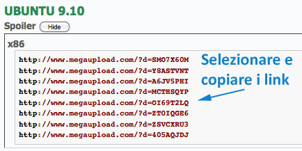 Selezionare e copiare i link 