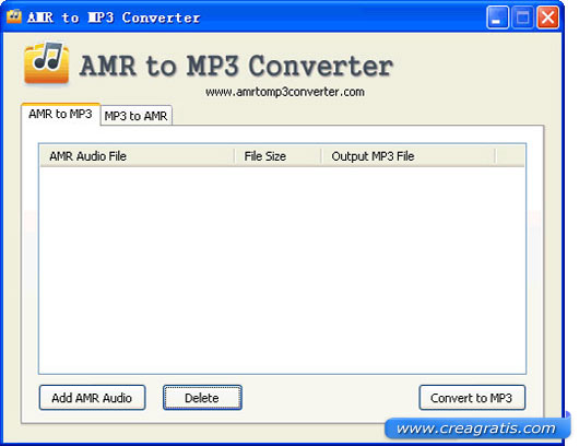 Interfaccia programma per convertire AMR in MP3