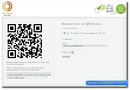Interfaccia sito per creare codici QR online