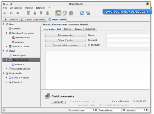 Schermata per impostare la Riconnessione Automatica di JDownloader