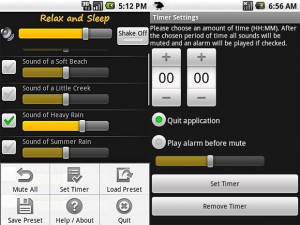Interfaccia grafica di Relax and Sleep, sveglia per Android