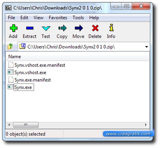 Immagine che mostra l'estrazione del file di installazione di Synx