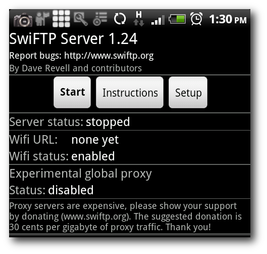 Schermata di avvio di SwiFTP