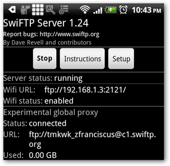 Schermata che contiene l'indirizzo FTP dell'app SwiFTP