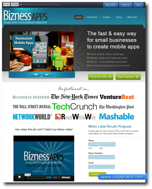 Landing Page del sito BiznessApps