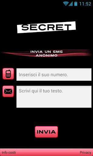 Interfaccia grafica dell'applicazione Secret - SMS Anonimo
