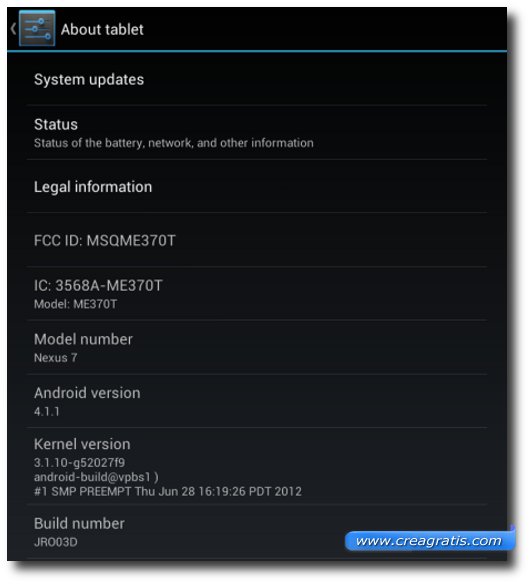 Schermata delle informazioni del dispositivo Android