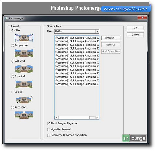 Schermata della funzione Photomerge di Photoshop