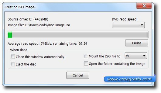 Schermata della creazione dell'immagine ISO