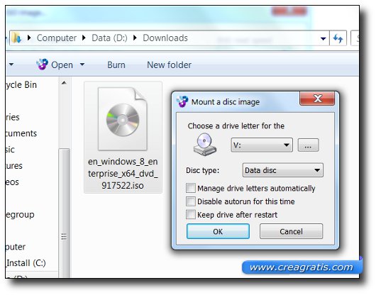 Schermata che mostra come montare un file ISO