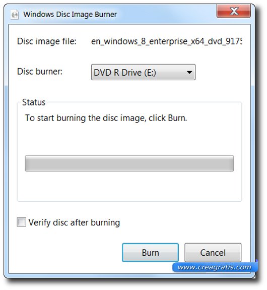 Finestra di Windows per masterizzare ISO