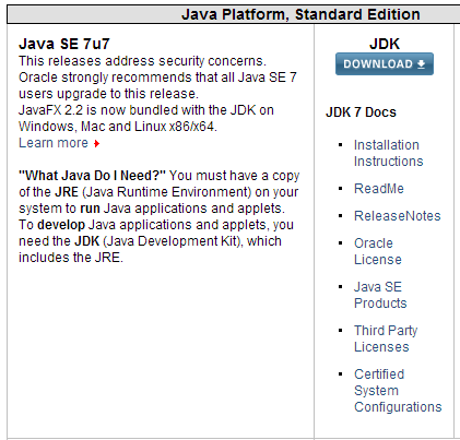 Pagina di download del JDK