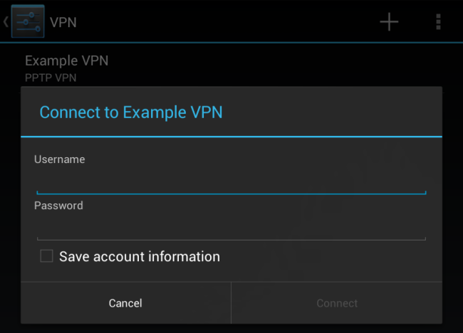 Schermata per l'inserimenti dei dati della connessione VPN