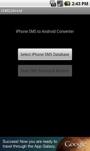 Schermata dell'applicazione iSMS2droid per convertire gli SMS