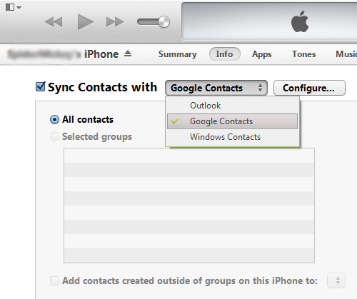 Schermata di iTunes per sincronizzare i contatti dell'iPhone con Google Contacts