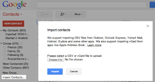 Экран Google для импорта контактов из файла CSV