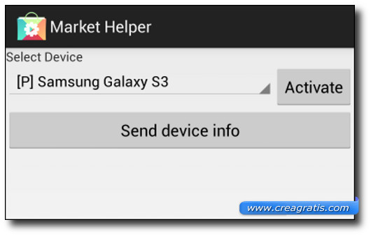 Schermata dell'applicazione Market Helper per cambiare il nome del modello dello smartphone Android