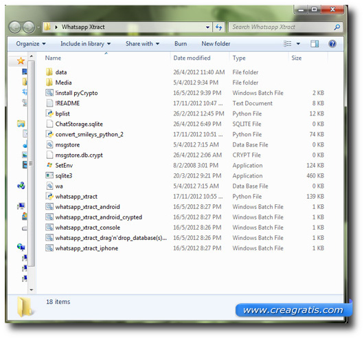 Finestra del contenuto della cartella del programma WhatsApp Xtract