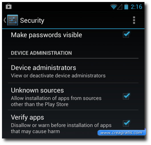 Immagine delle impostazioni Android per abilitare l' installazione da sorgenti sconosciuti