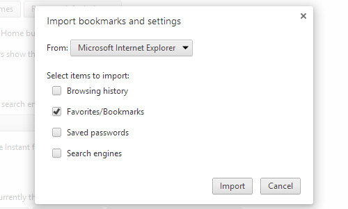 Schermata di Google Chrome per l'importazione dei preferiti