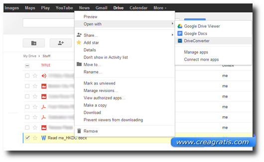 Schermata di conversione file direttamente da Google Drive