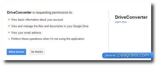 Richiesta di DriveConverter di accedere al nostro account Google Drive