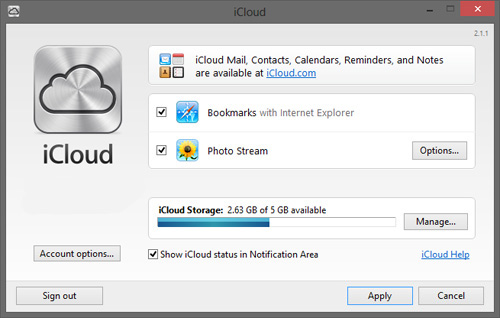 Schermata di iCloud installato sul PC