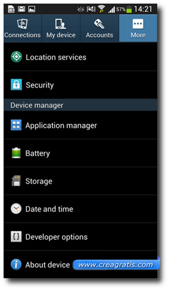 Schermata del menù sviluppatori del Galaxy S4
