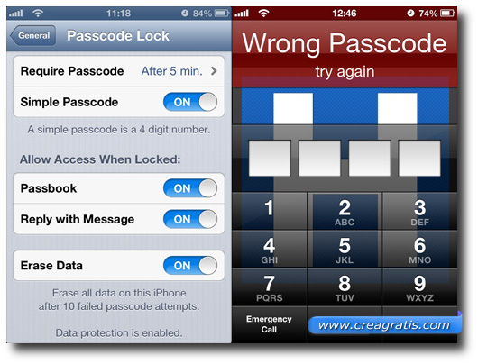 Schermata per impostare un codice di sicurezza sullo smartphone