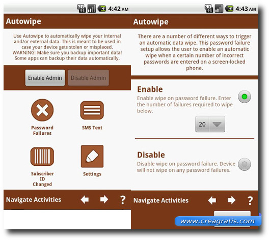 Schermata dell'applicazione AutoWipe per Android