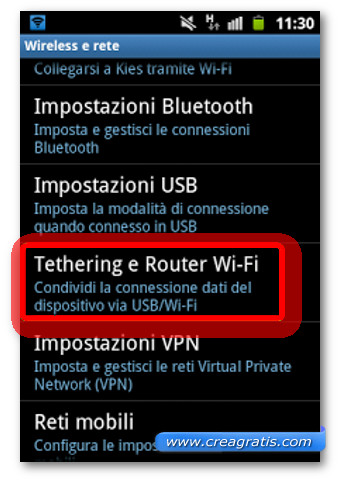 Schermata delle impostazioni di connessione di Android