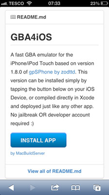 Schermata di installazione dell'applicazione GBA4iOS