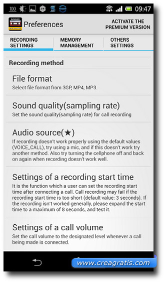 Schermata classica delle preferenze di registrazione delle telefonate su Android