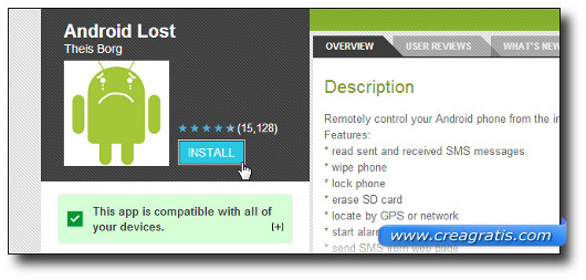 Schermata dell'installazione dell'applicazione Android Lost