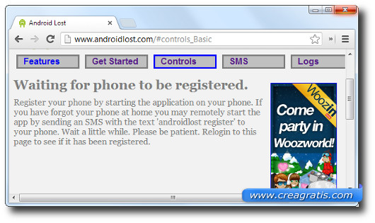 Schermata del sito di Android Lost