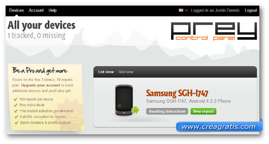 Interfaccia del sito dell'applicazione Prey per Android