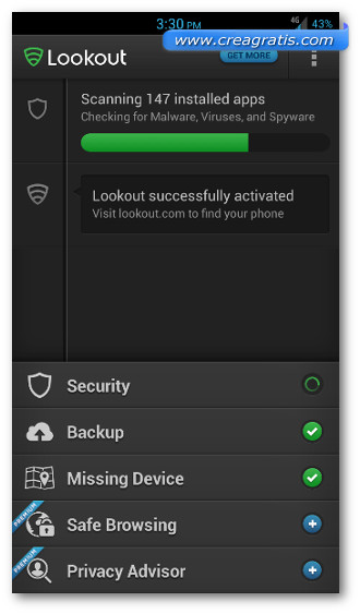 Schermata dell'applicazione Lookout per Android