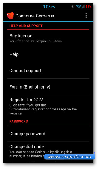 Schermata dell$0027applicazione Cerberus per Android