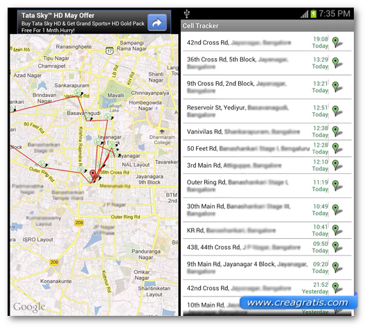 Schermata dell'applicazione Cell Tracker per Android