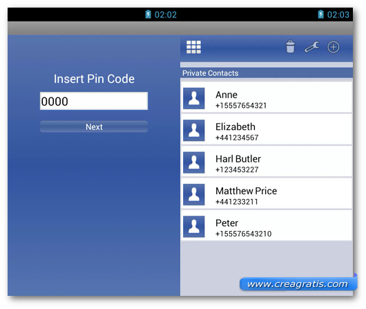 Schermata dell$0027applicazione Secret Calls per Android