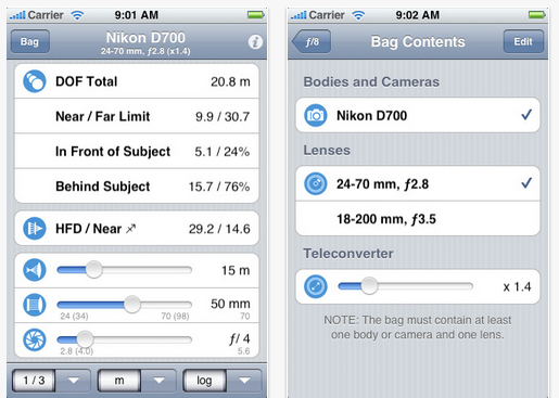 Schermata dell'applicazione f/8 DoF Calculator per iOS