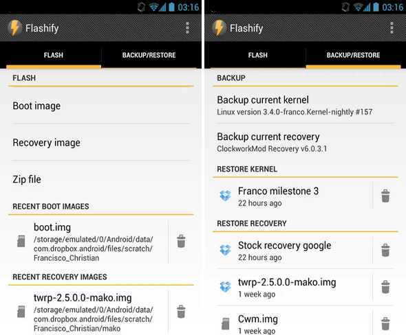 Schermata dell'applicazione Flashify per Android