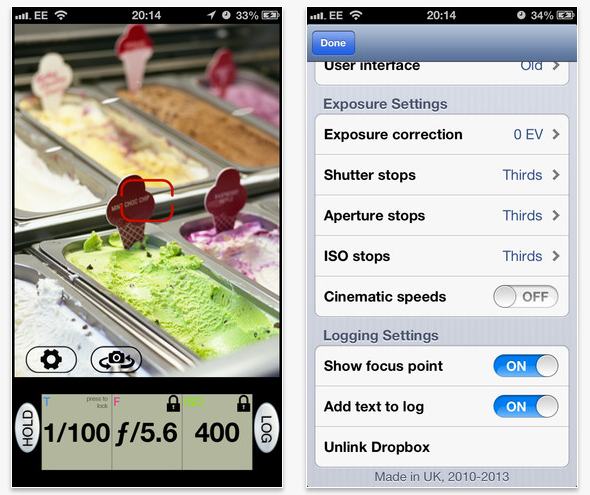 Schermata dell'applicazione Pocket Light Meter per iOS