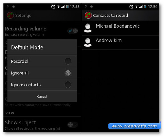 Schermata dell'applicazione Automatic Call Recorder per Android