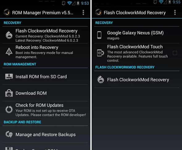 Schermata dell$0027applicazione ROM Manager per Android