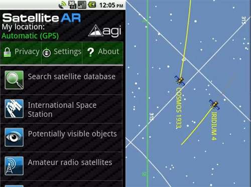 Schermata dell'applicazione Satellite Augmented Reality per Android