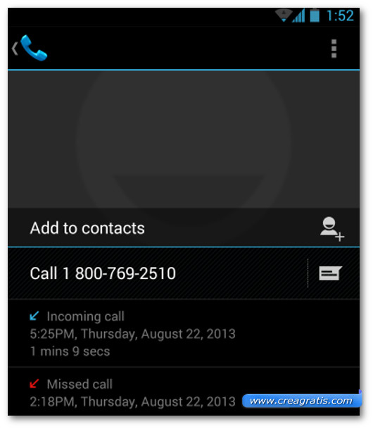 Schermata della lista delle telefonate su Android